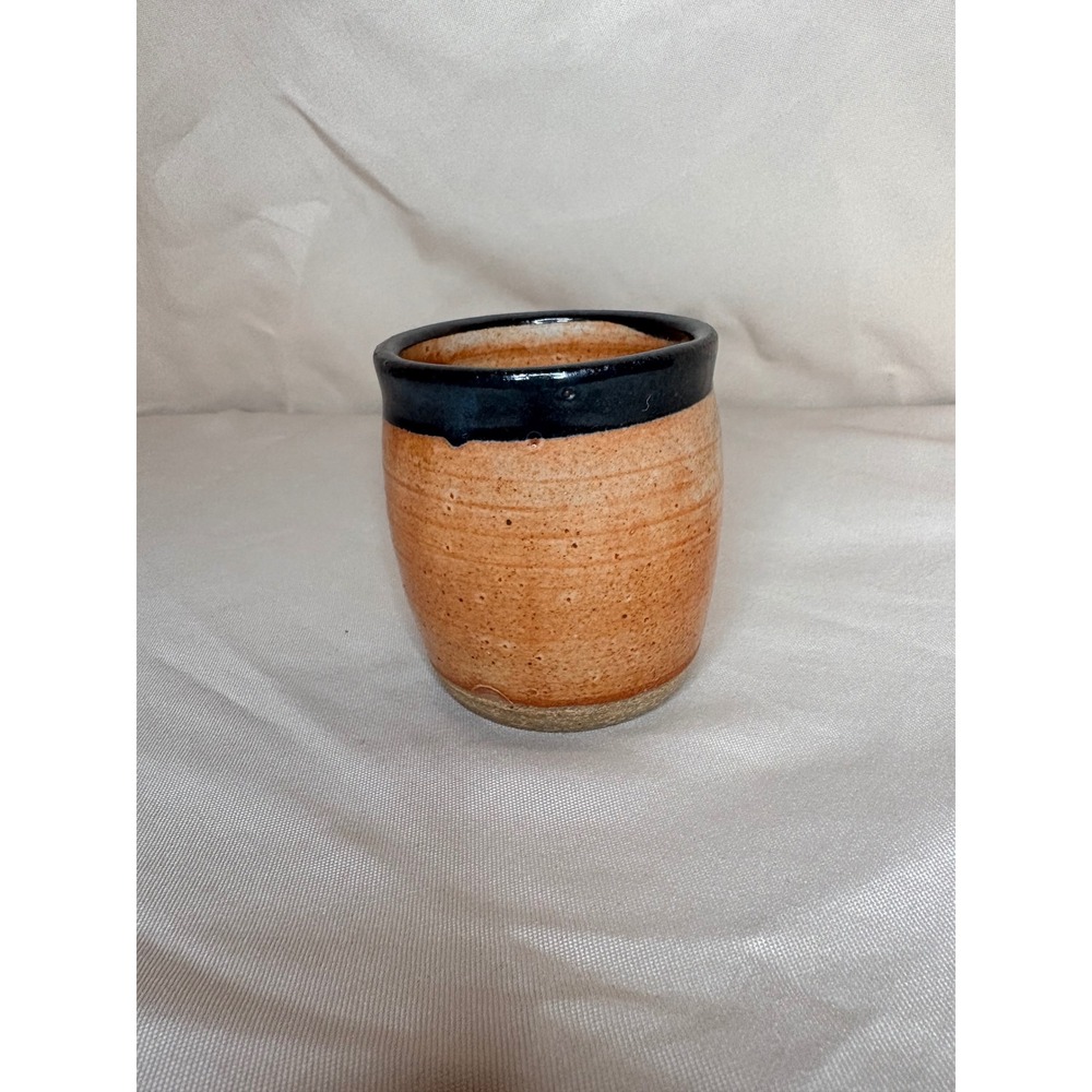 Handmade Studio Pottery Cup Orange Speckled Glaze Black Rim Artist Signed